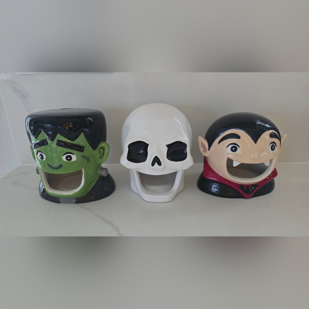 Ceramic Frankenstein Ghost Dracula Tea Light Sponge Holders Set Of 3 New